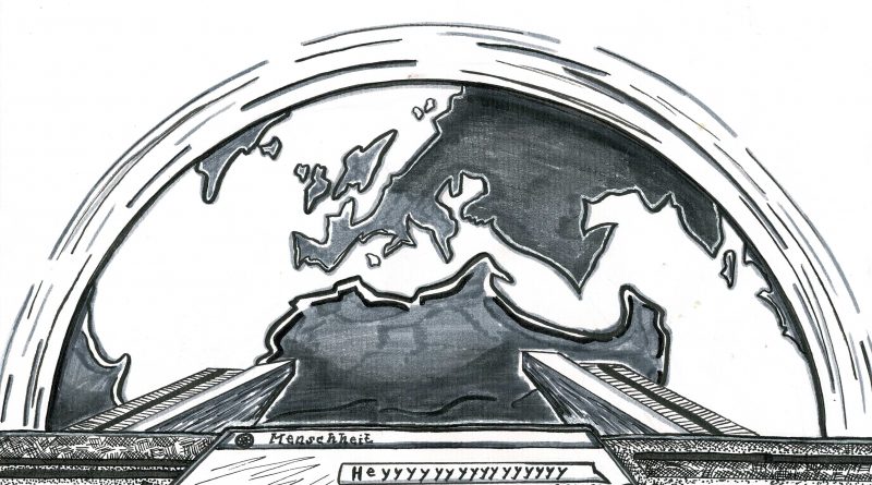 Illustration Raumschiff über Erde mit einem Bildschirm auf dem Heyyy steht