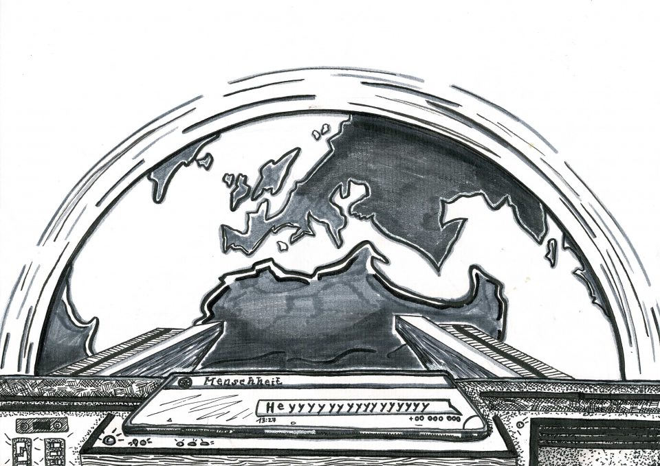 Illustration Raumschiff über Erde mit einem Bildschirm auf dem Heyyy steht